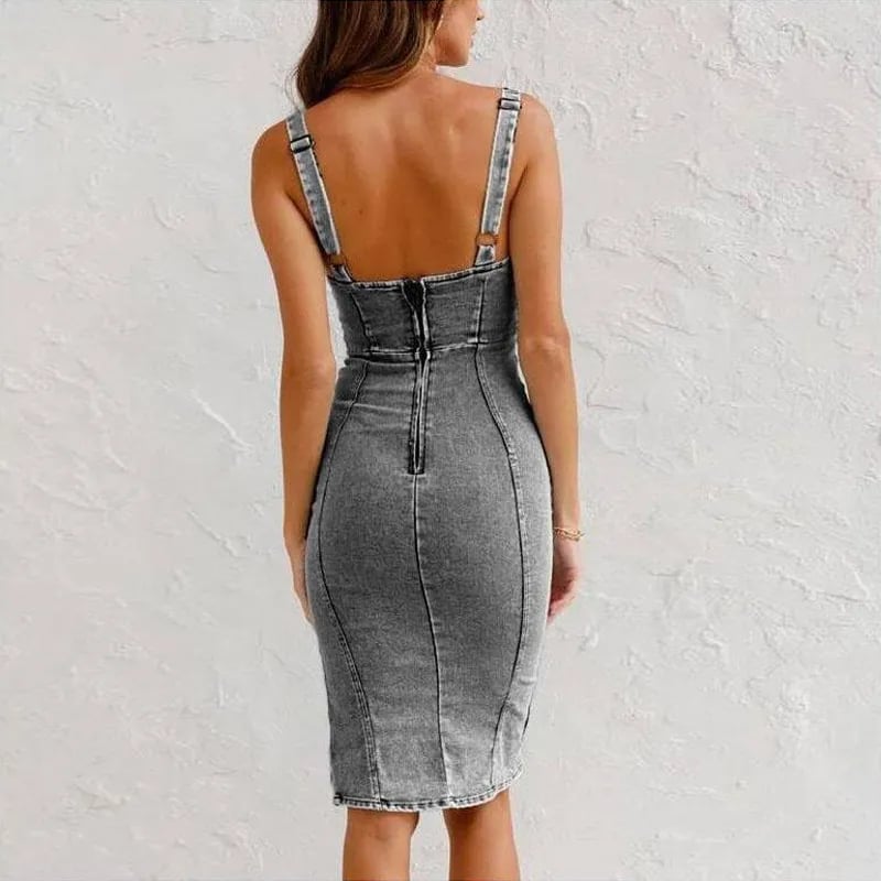 Abito aderente in denim con spalline regolabili e scollo a U