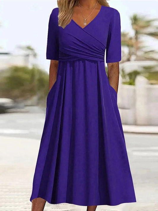 Women'S Casual Solid Color V-Neck Short Sleeve Pleated Dress