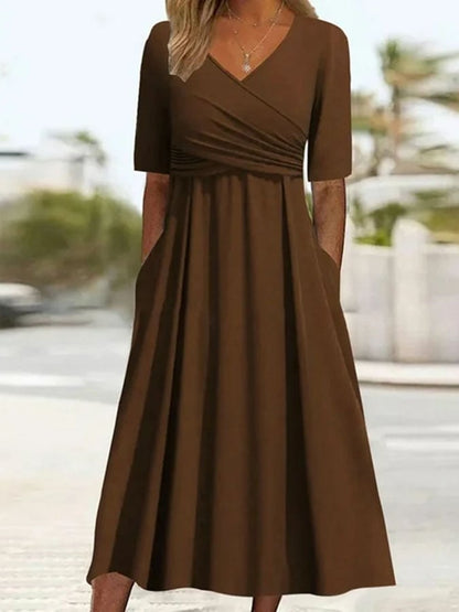 Women'S Casual Solid Color V-Neck Short Sleeve Pleated Dress