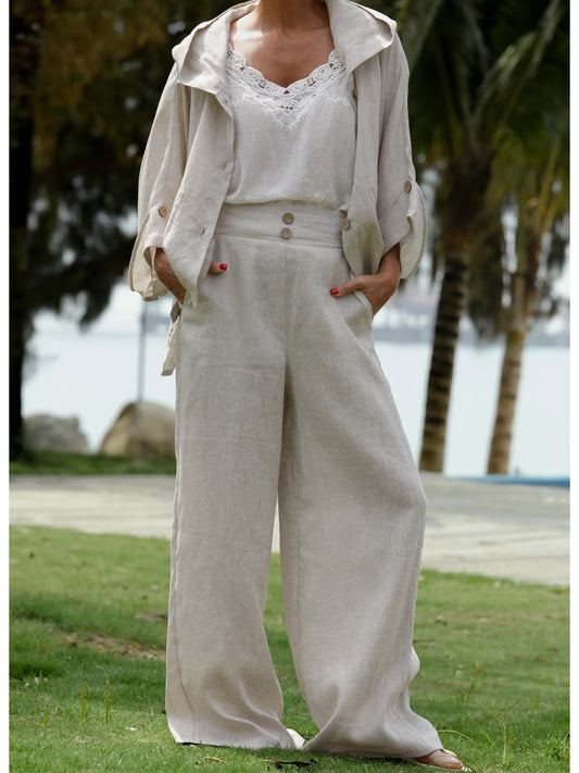 Completo Giacca con Cappuccio e Pantaloni in Lino 100%